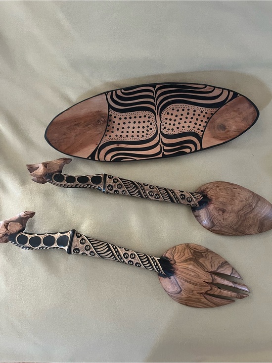 Other - Set of African Design hand carved wood Salad Serving Fork & Spoon. w/Small Bowl